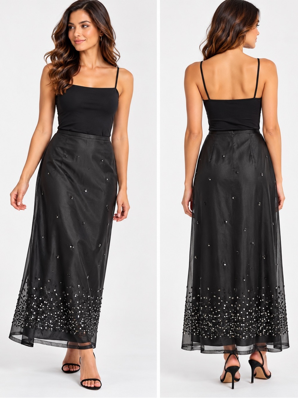 Vintage Field Manor Size 14 Black 100% Silk Beaded Sequin Maxi Evening Skirt